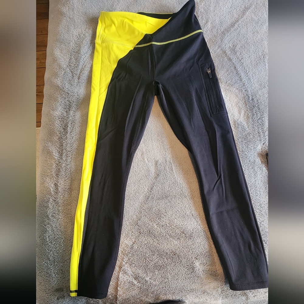 Fabletics Black with Neon Yellow Motion365 Athletic Leggings